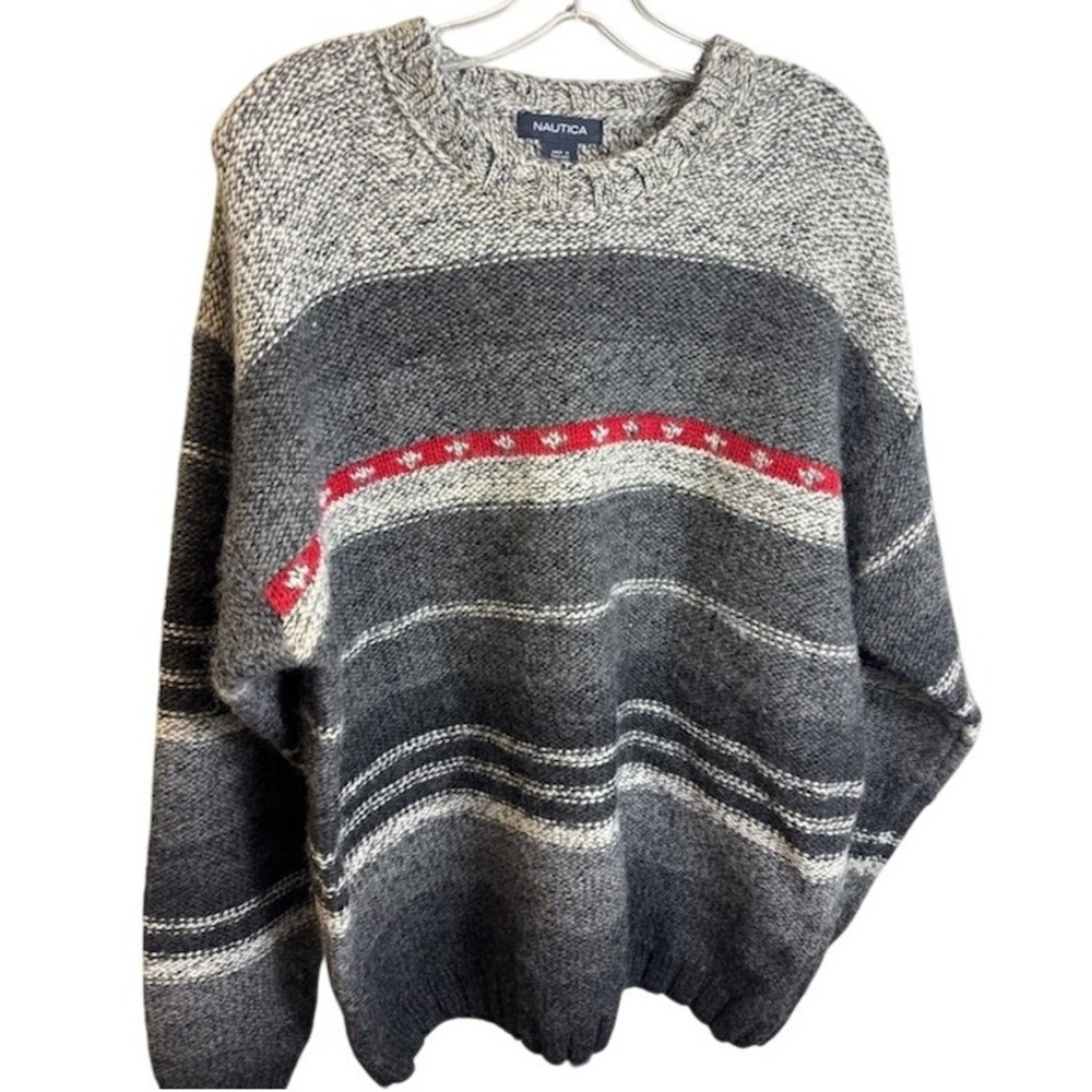 Nautica Sweater Men's Size Large Gray Red 100% Wool Crew Nexk Vintage